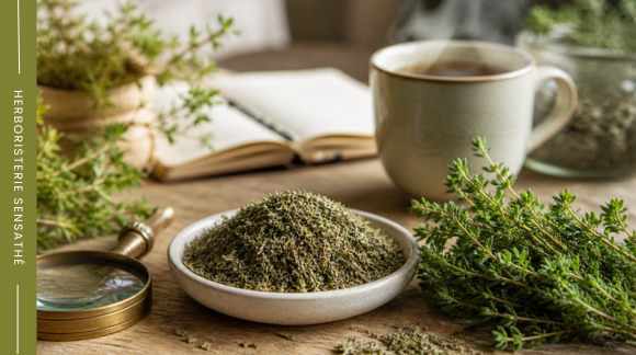 Thym séché en vrac utilisé en phytothérapie contre le rhume et les voies respiratoires - Herboristerie Sensathé